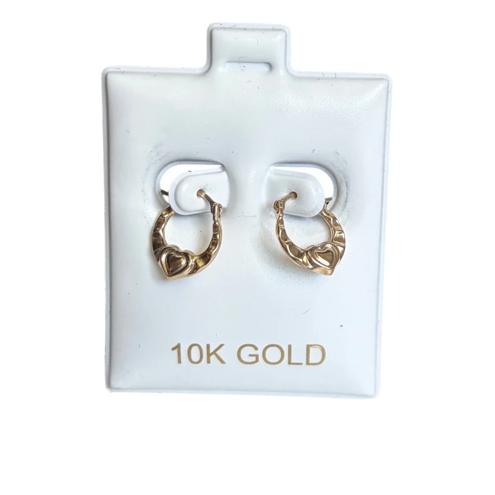10K Real Yellow Gold Puffed Heart Hoop Earrings Kids Latch Back Small Size 12mm